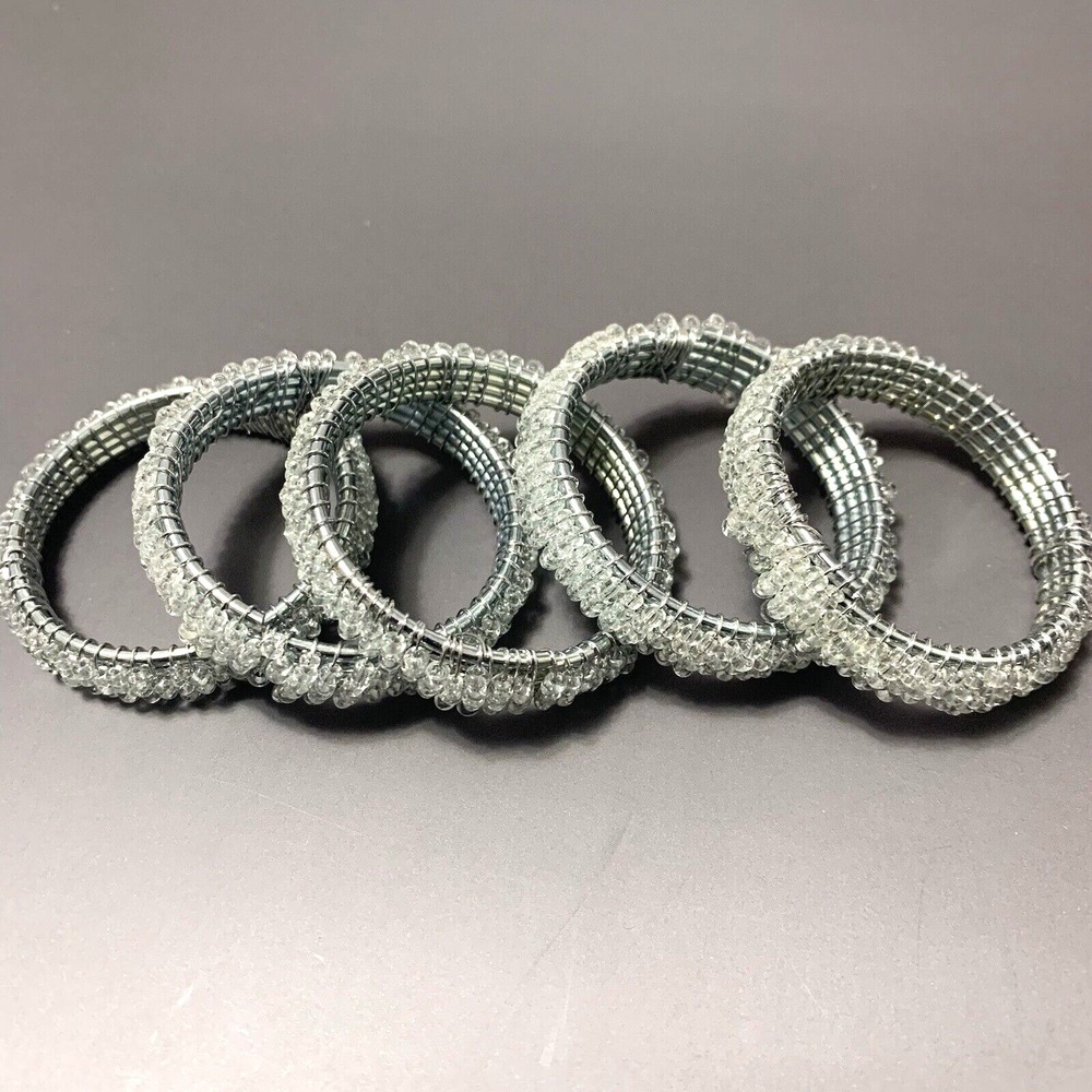 Set of 5 Napkin Rings Silver Tone Wire Clear Glass Beads Elegant Table Decor